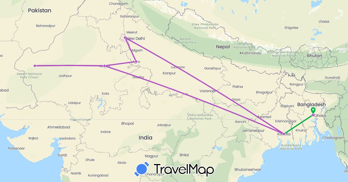 TravelMap itinerary: driving, bus, train in Bangladesh, India (Asia)